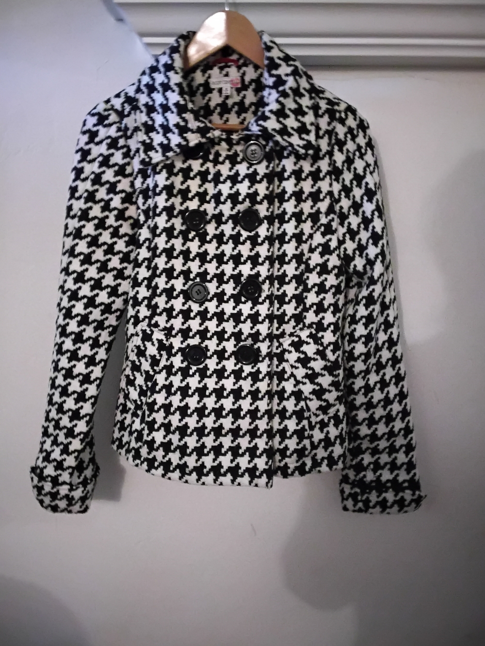 Body Central Black & White Houndstooth Double-Breasted Pea Coat